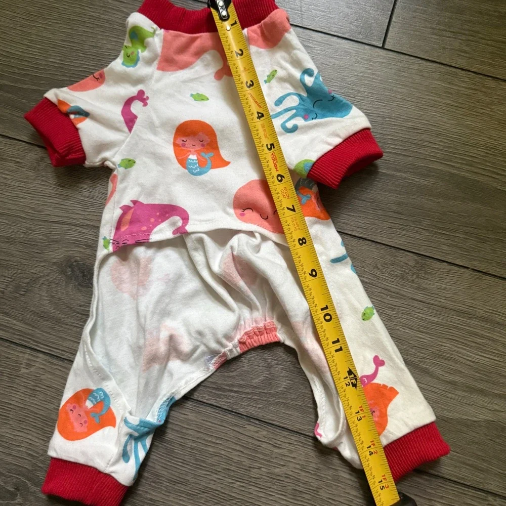 Small Dog Pajamas Mermaid Ocean Print White Red Ribbed Trim Onesie Sleepwear S